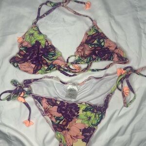 Floral Tie-Side Bikini Set - Pink & Purple
